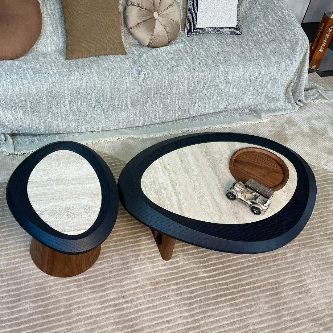 可耐磨法式可旋转玻璃工艺茶几意式简约极简大理石组合圆形家用