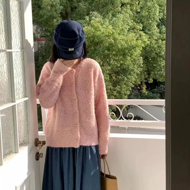 韩版粉色软糯毛衣外套秋冬宽松慵懒风复古针织开衫休闲上衣 2299