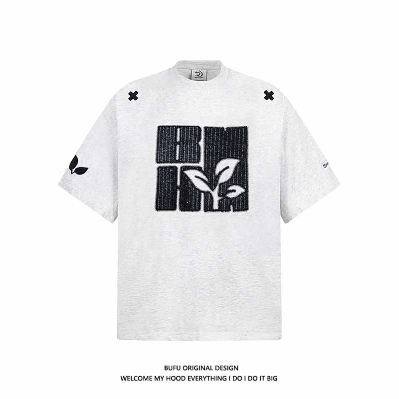 亿万少年BUFU 美式重工刺绣短袖T恤男女潮牌夏季新款宽松情侣上衣