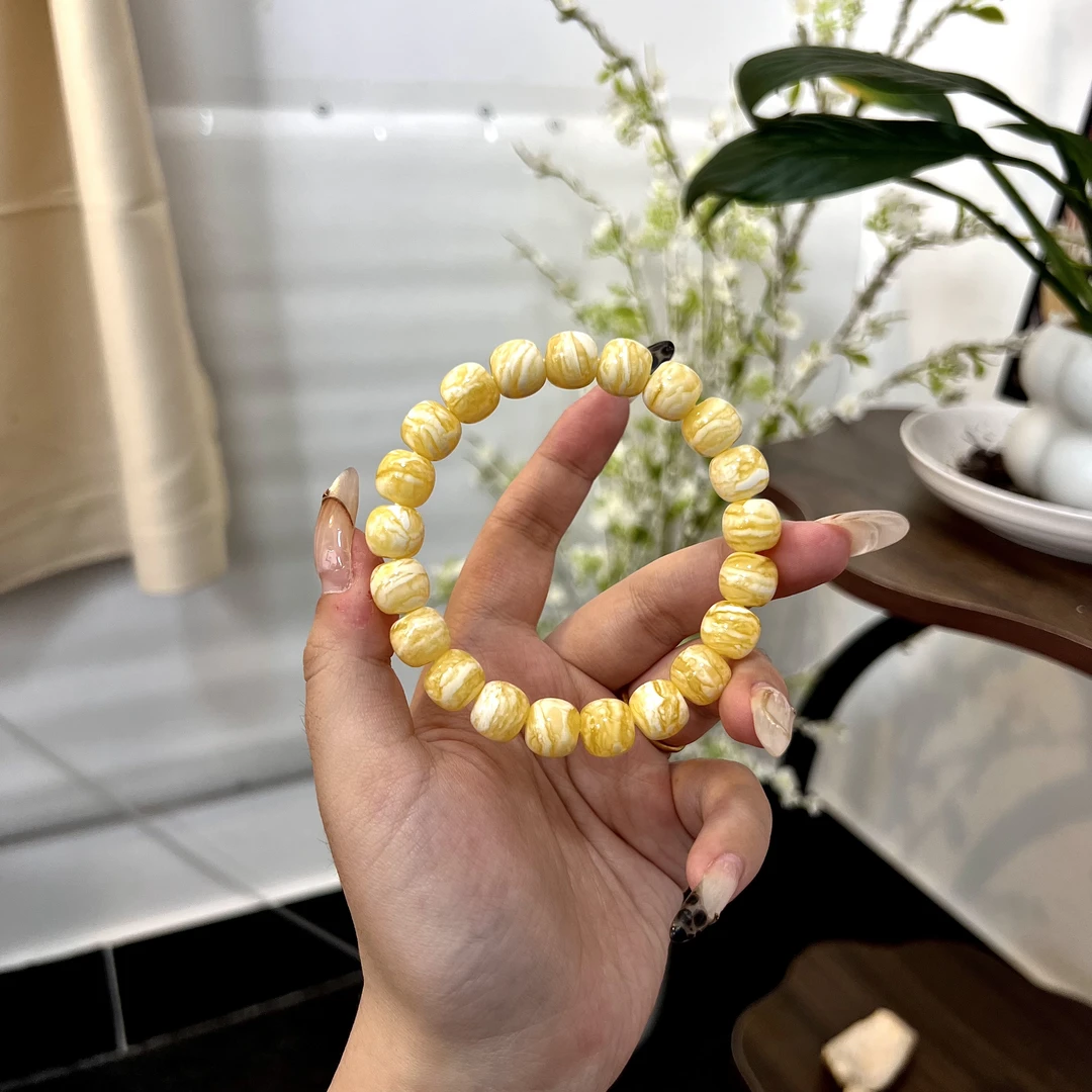 11.3mm 同料俄料极致虎皮纹千层雪蜜蜡精工高庄老型手串 16.6g B