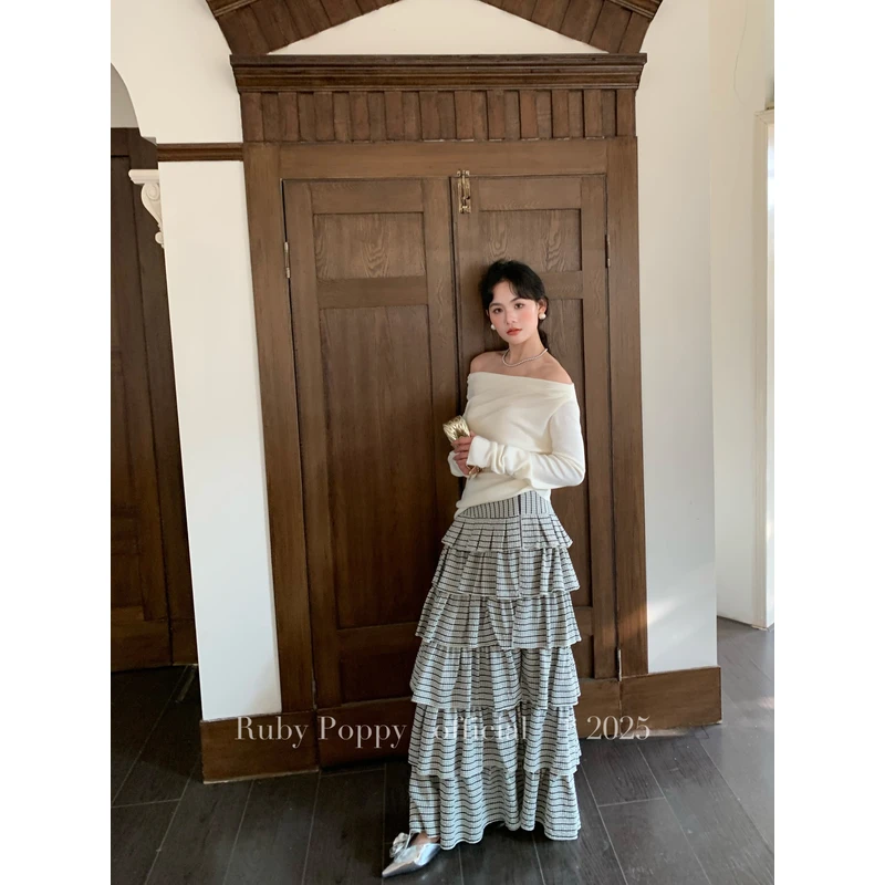 泡面卷儿【时髦配方】格子蛋糕裙春季中低腰半身蓬蓬中长裙JRA72372