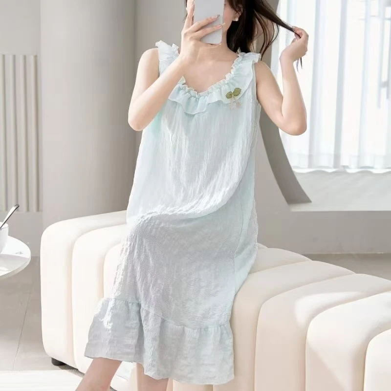 阪织屋甜美简约睡裙夏季宽松女士无袖薄款家居服