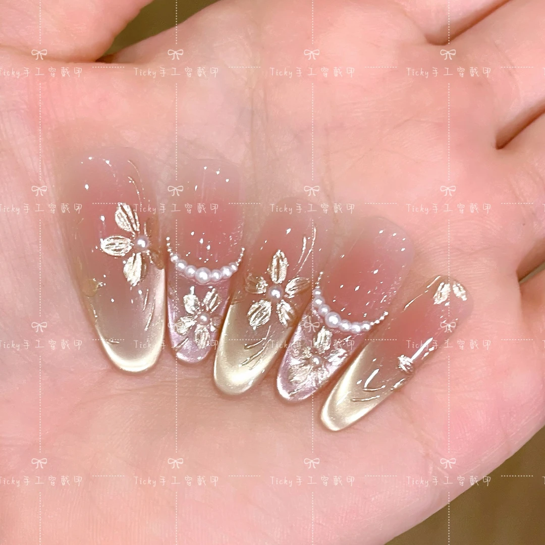 【金枝玉贵】爆款显白猫眼法式手绘小花手工穿戴甲美甲甲片
