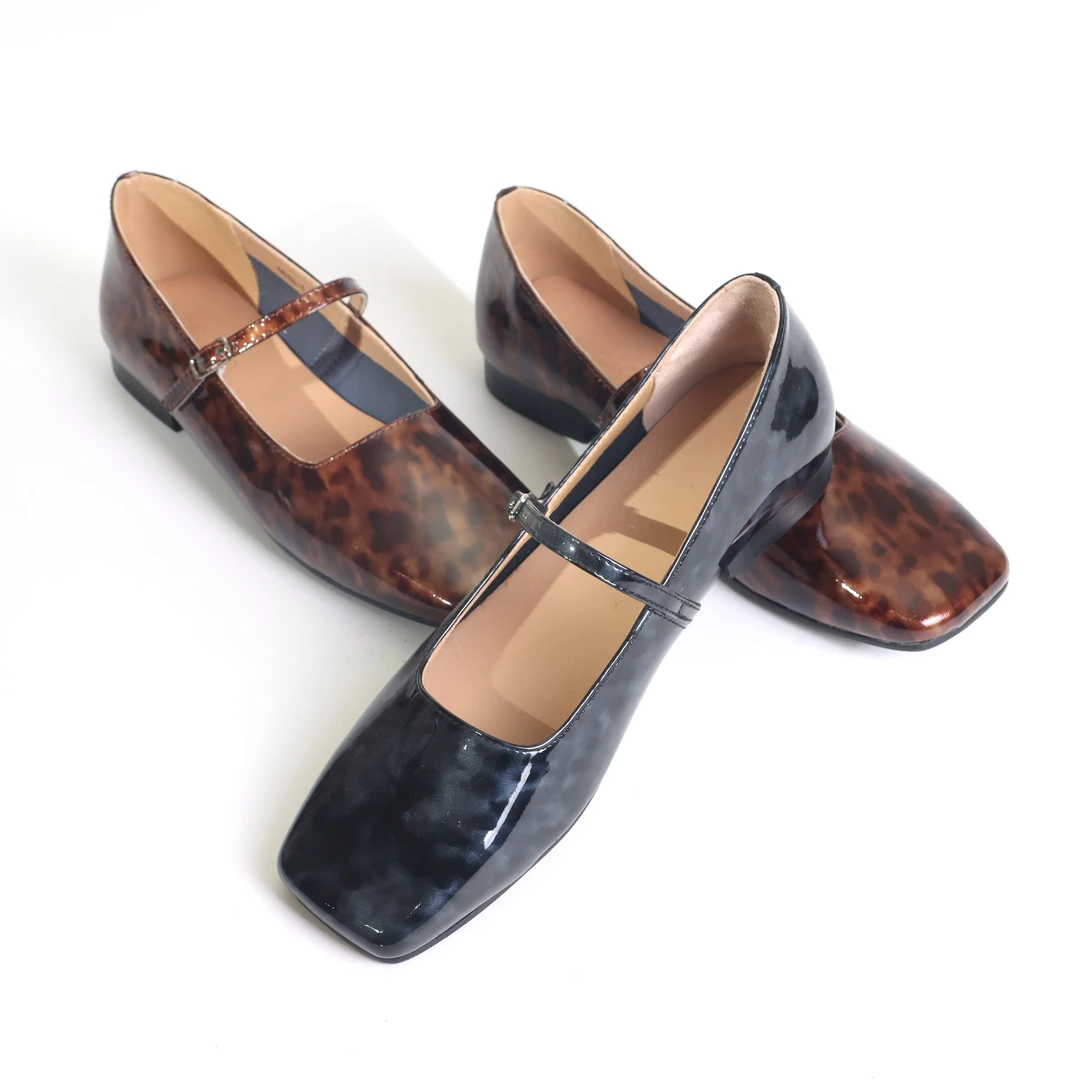 法式复古玛丽珍鞋女新款方头一字带牛皮单鞋粗跟芭蕾舞鞋XC6832-1