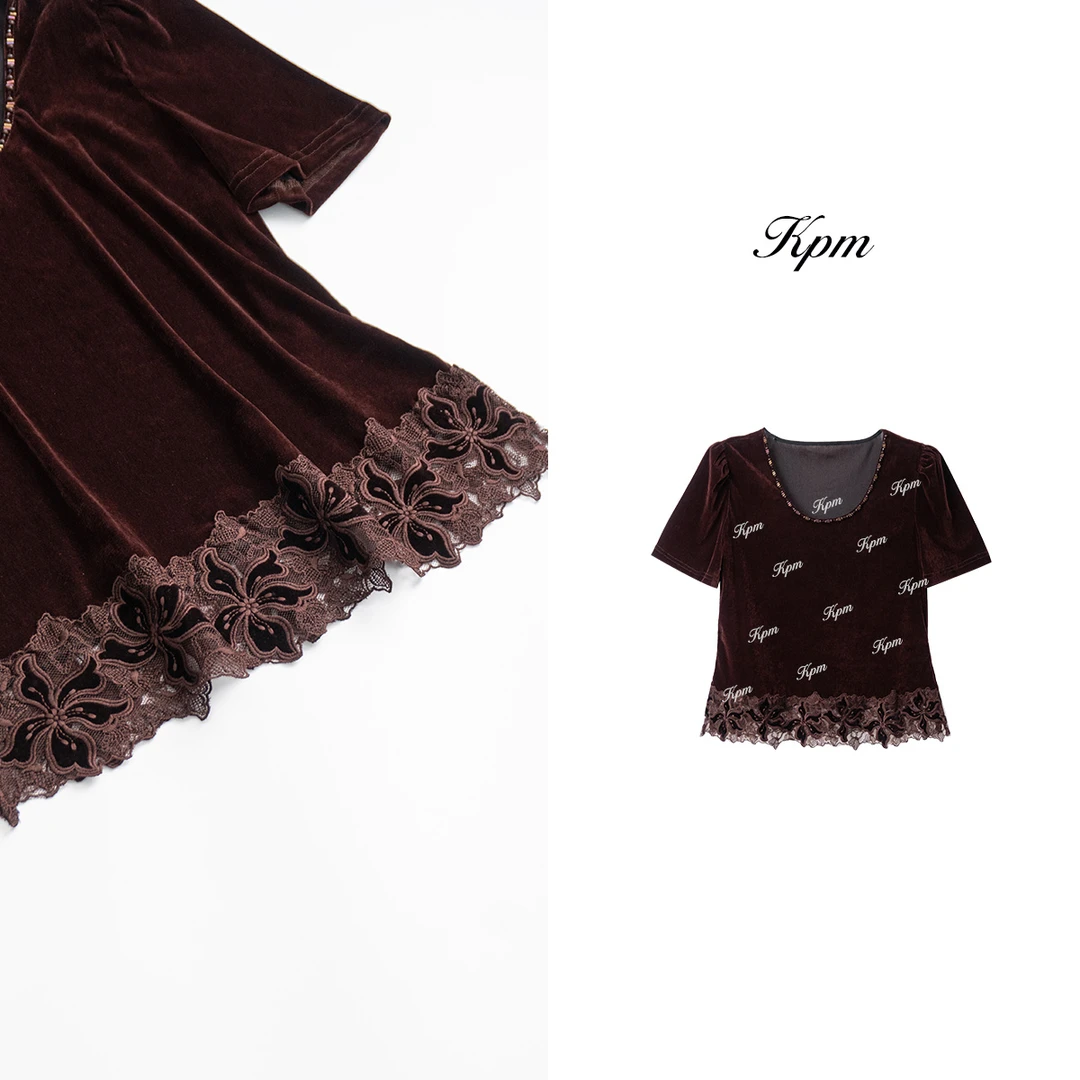 2025早秋新品高级感洋气时尚精致钉珠蕾丝拼接百搭短袖上衣JN8288