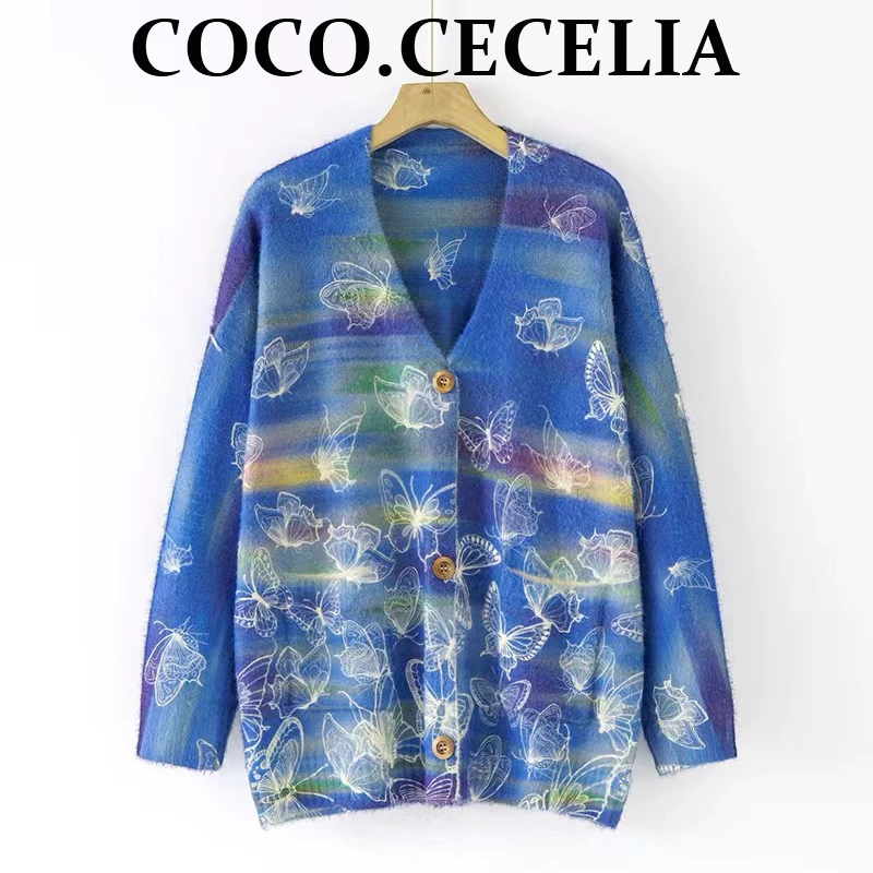 142 蓝蝶飞舞针织 仿水貂毛羊毛 开衫