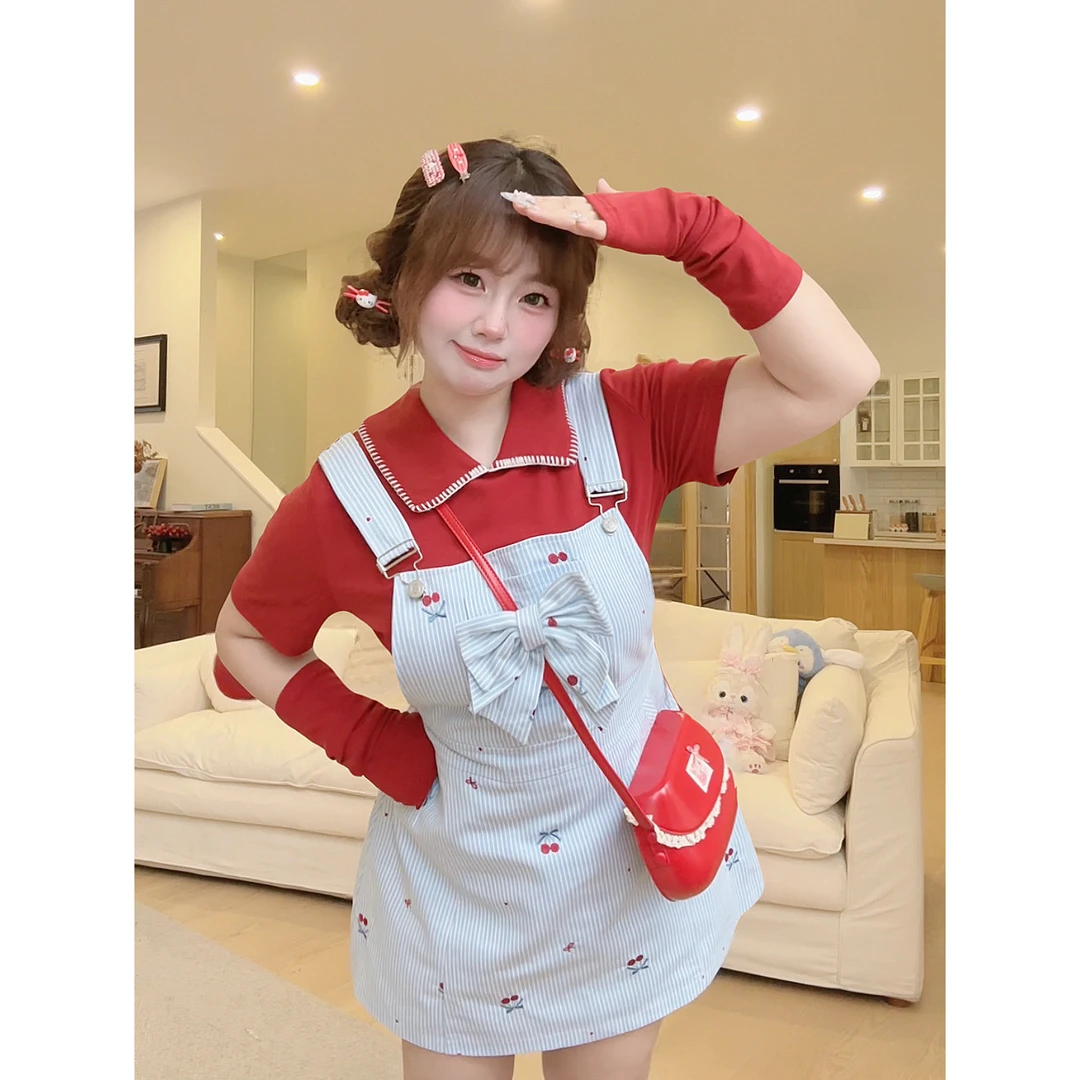 【现货】【樱桃小丸子】大码甜妹夏款减龄刺绣樱桃蝴蝶结背带裙套装