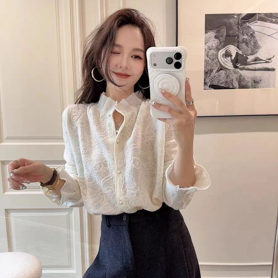 法式气质木耳边立体提花立领喇叭袖针织开衫