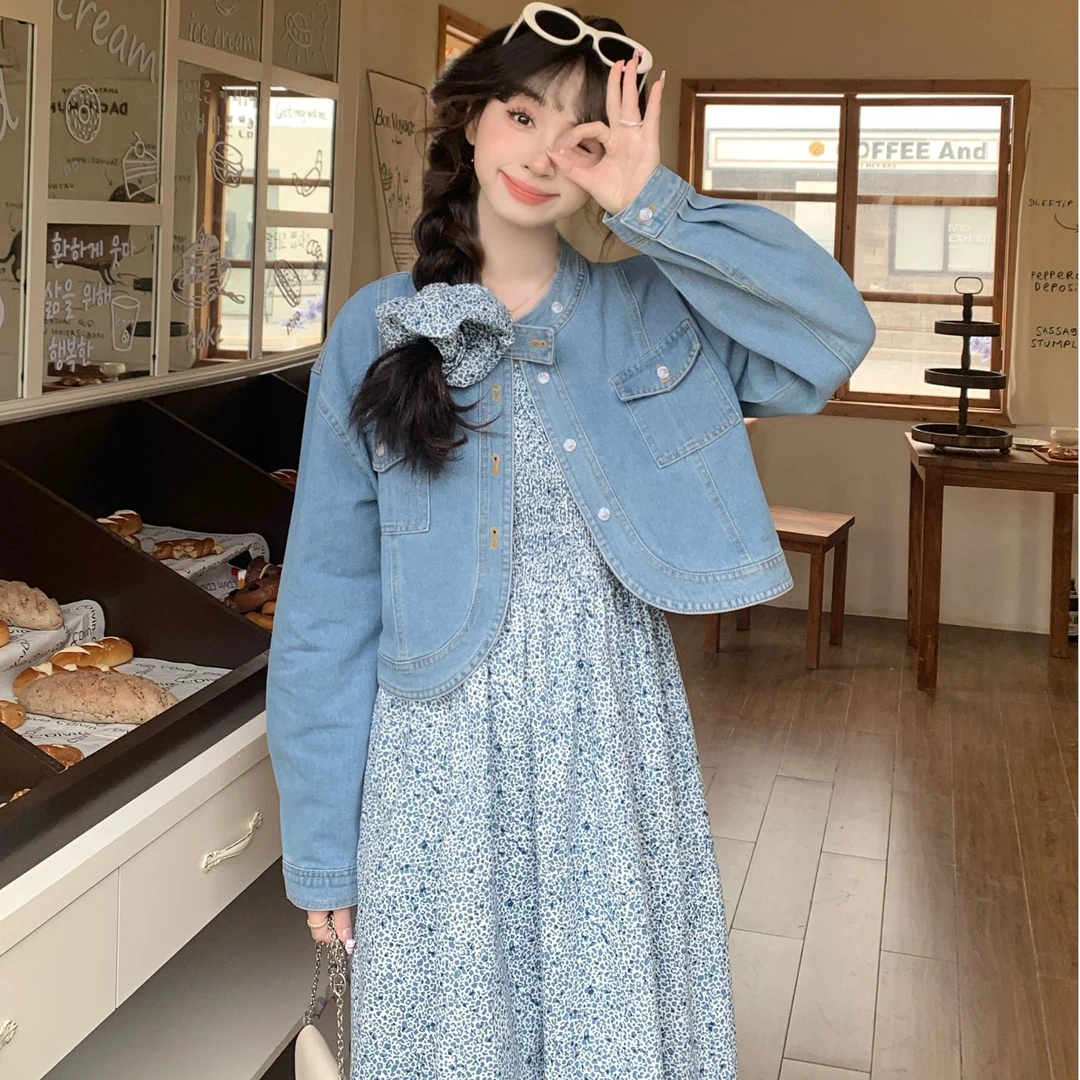 慕兔法式小清新牛仔短外套搭配吊带裙两件套女2025秋季新款套装