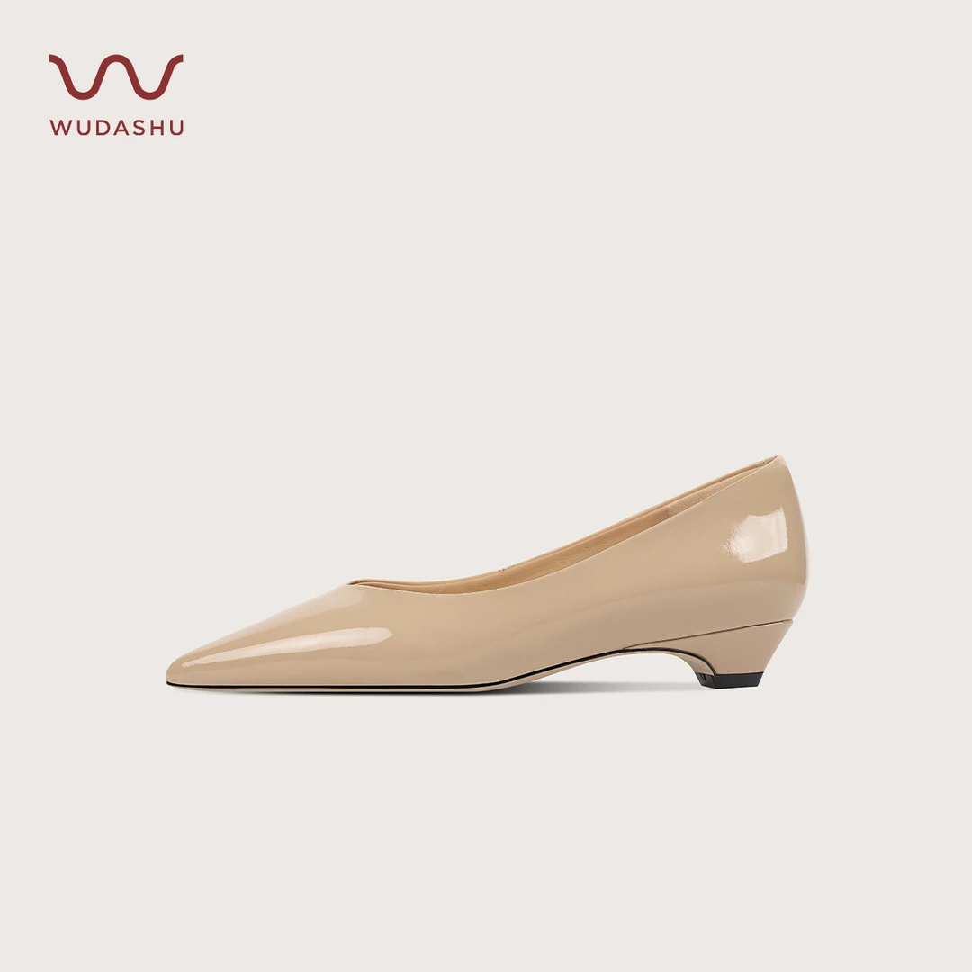 吴大叔红云鞋尖头浅口通勤春季时尚矮跟百搭真皮裸色高跟鞋Z038