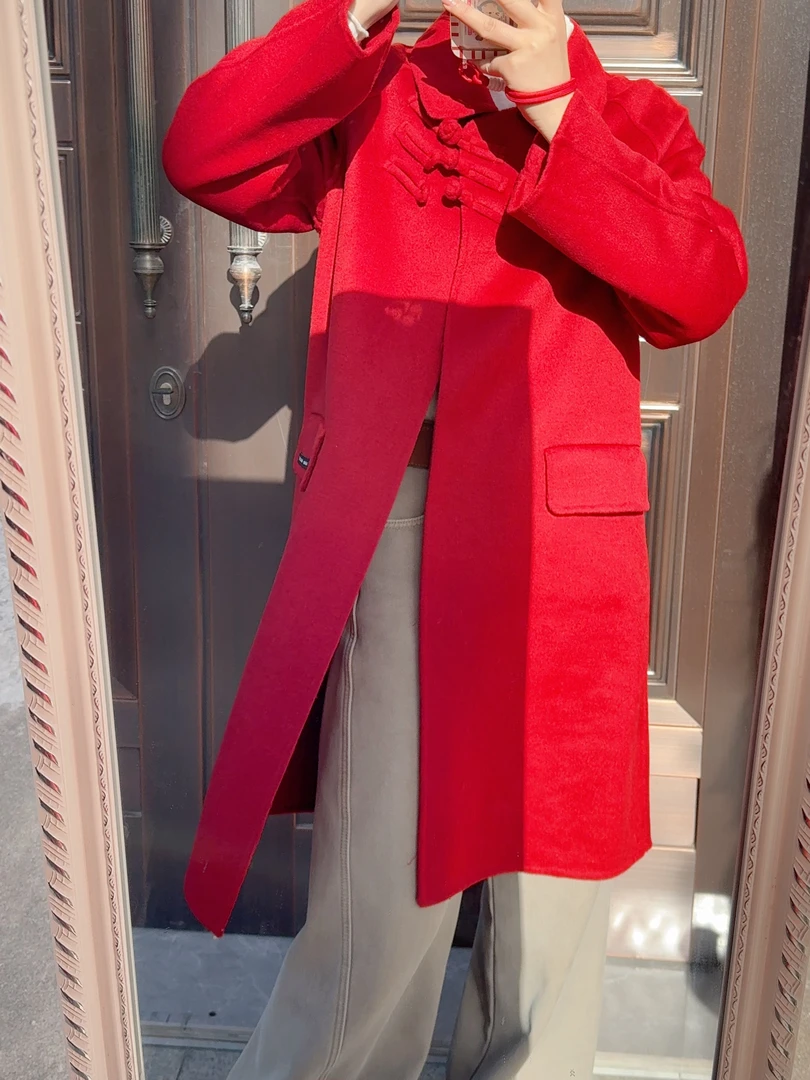 中长款呢大衣秋冬气质纯色休闲风毛呢外套圆领长款