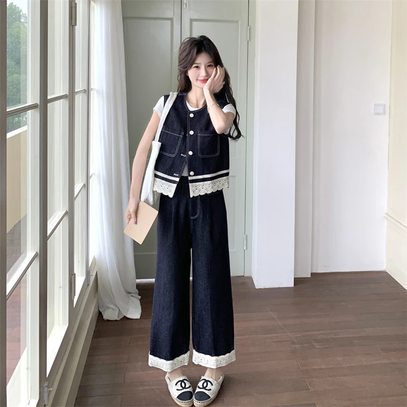 蕾丝拼接牛仔马甲阔腿裤套装女2025夏新款ootd穿搭韩系百搭两件套