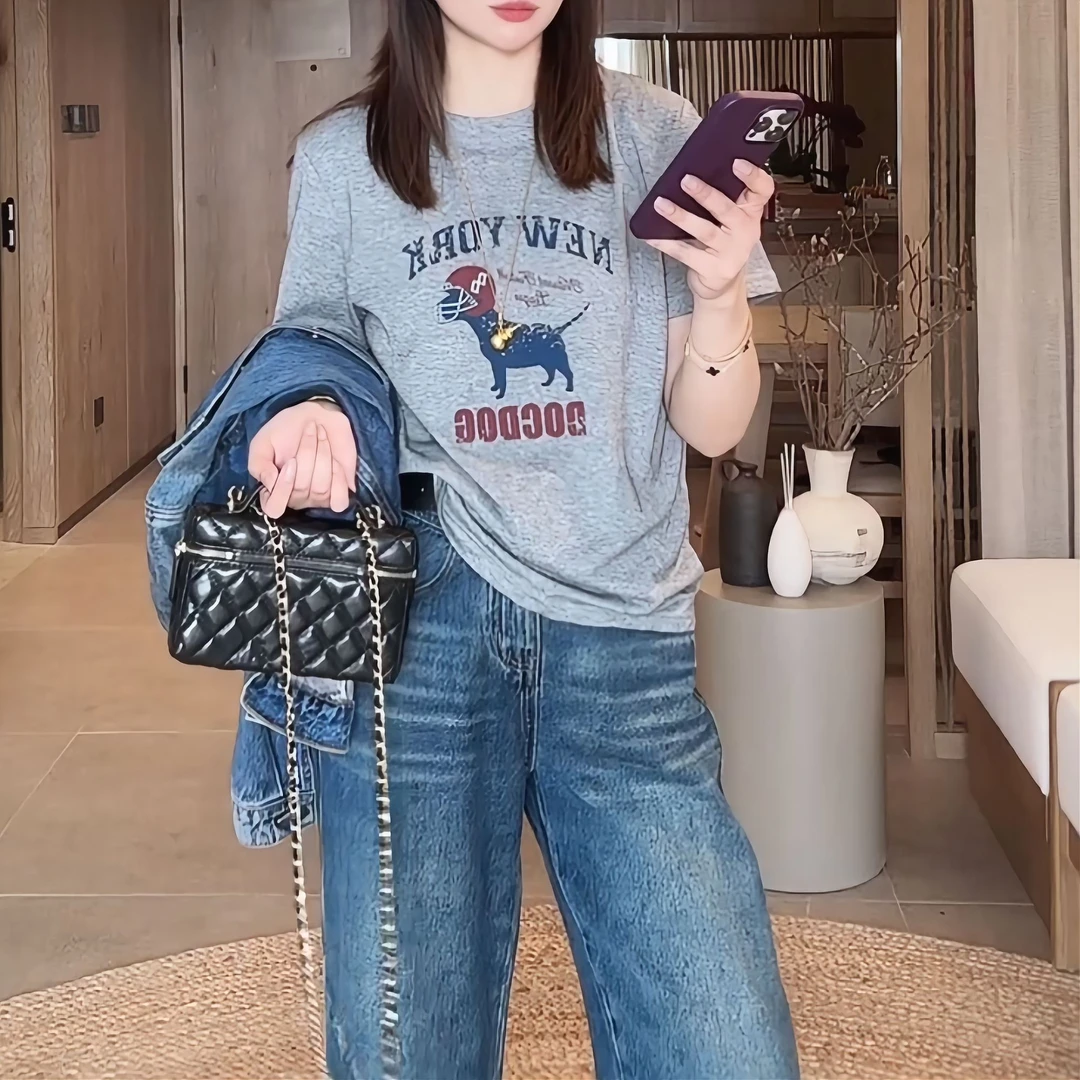 2025春季新款时尚小狗休闲百搭印花圆领卡通短袖T恤LK2501396