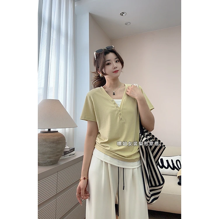 【天然氧吧】韩版显瘦撞色V领假两件薄款T恤宽松百搭褶皱收腰短袖女