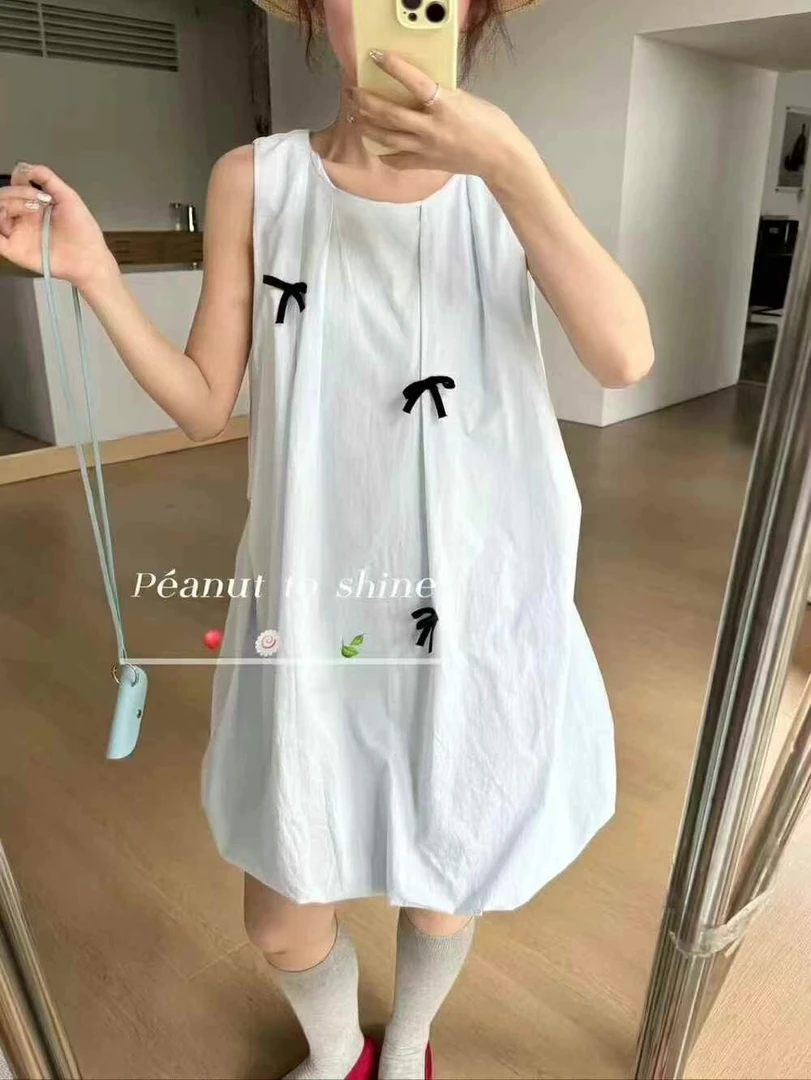 夏季新款蓝色无袖蝴蝶结蓬蓬公主风短裙连衣裙