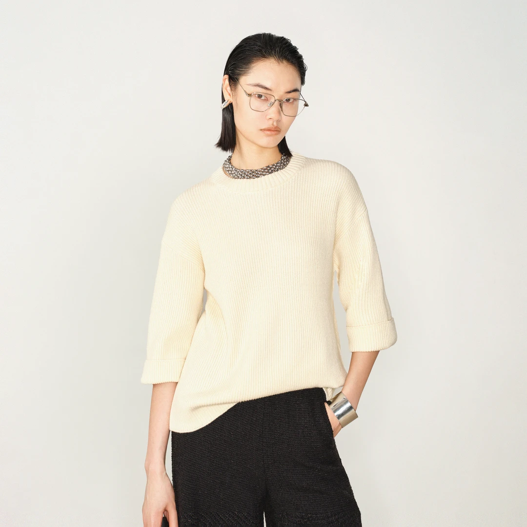 LYNEE 翻边袖宽松套头弹力针织衫休闲百搭慵懒感上衣LGD2EAK004