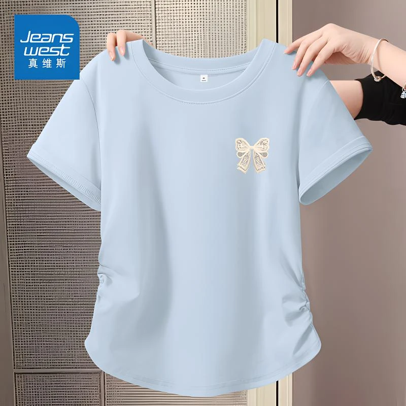 真维斯蓝色设计感t恤女2025新款夏收腰正肩短款抽褶小个子上衣