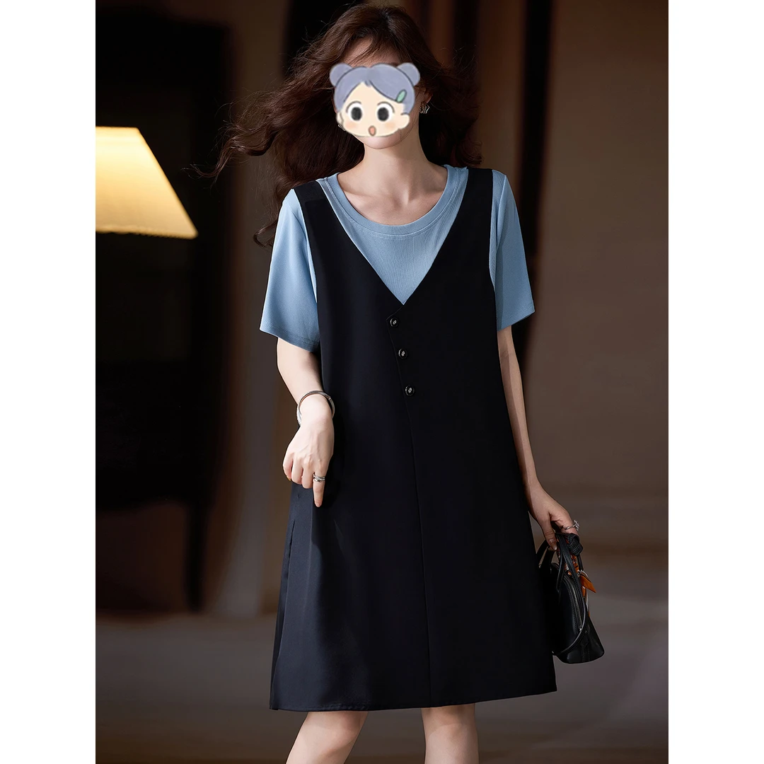 2025夏季新款连衣裙时尚气质显瘦假两件连衣裙大码减龄小个子穿搭