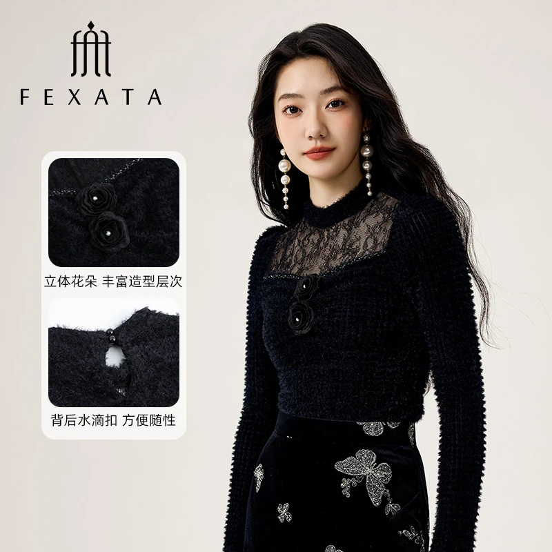 【诗语专属】FEXATA斐格思立领毛感蕾丝黑色针织衫