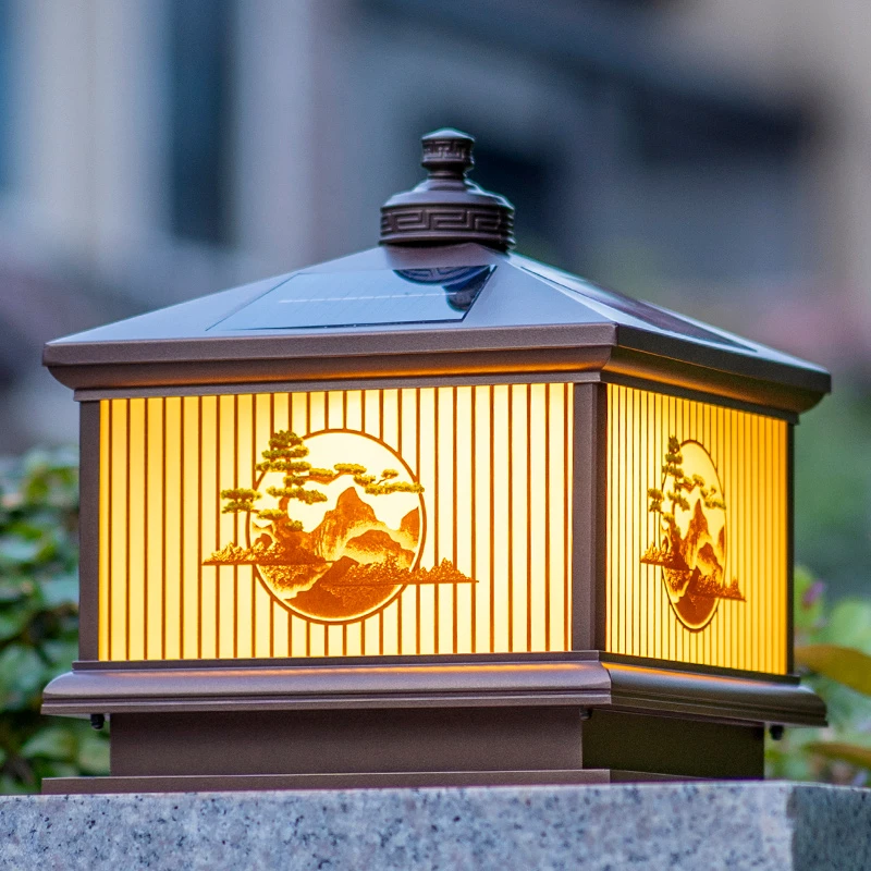 铝材仿铜迎客松户外庭院大门太阳能围墙柱头灯新中式防水家用别墅