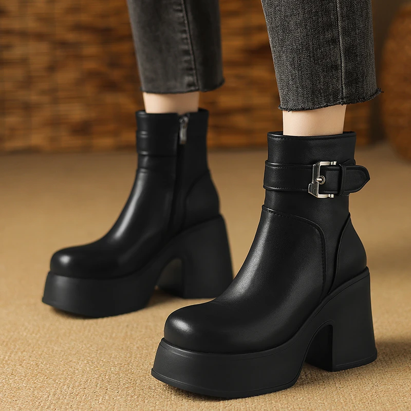 小个子增高女鞋10cm粗跟防水台短靴秋冬加绒真牛皮高跟厚底骑士靴