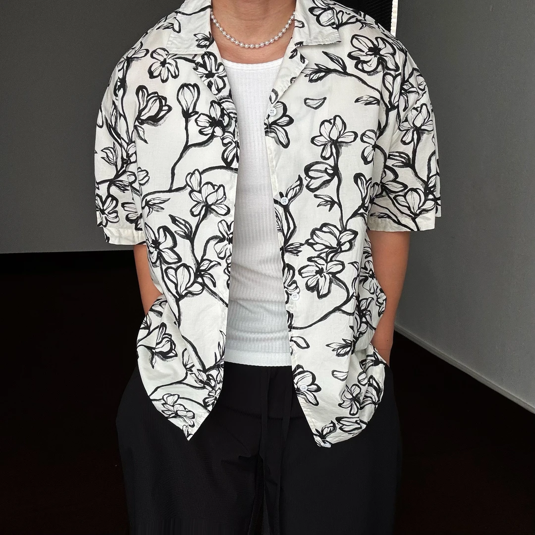 陆星家【碳素花】设计师棉衬衫夏季短袖港风男士小众宽松潮男装C287