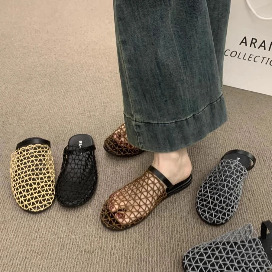 小众设计感透气镂空渔网鞋编织包头半拖鞋女夏外穿一脚蹬凉拖凉鞋