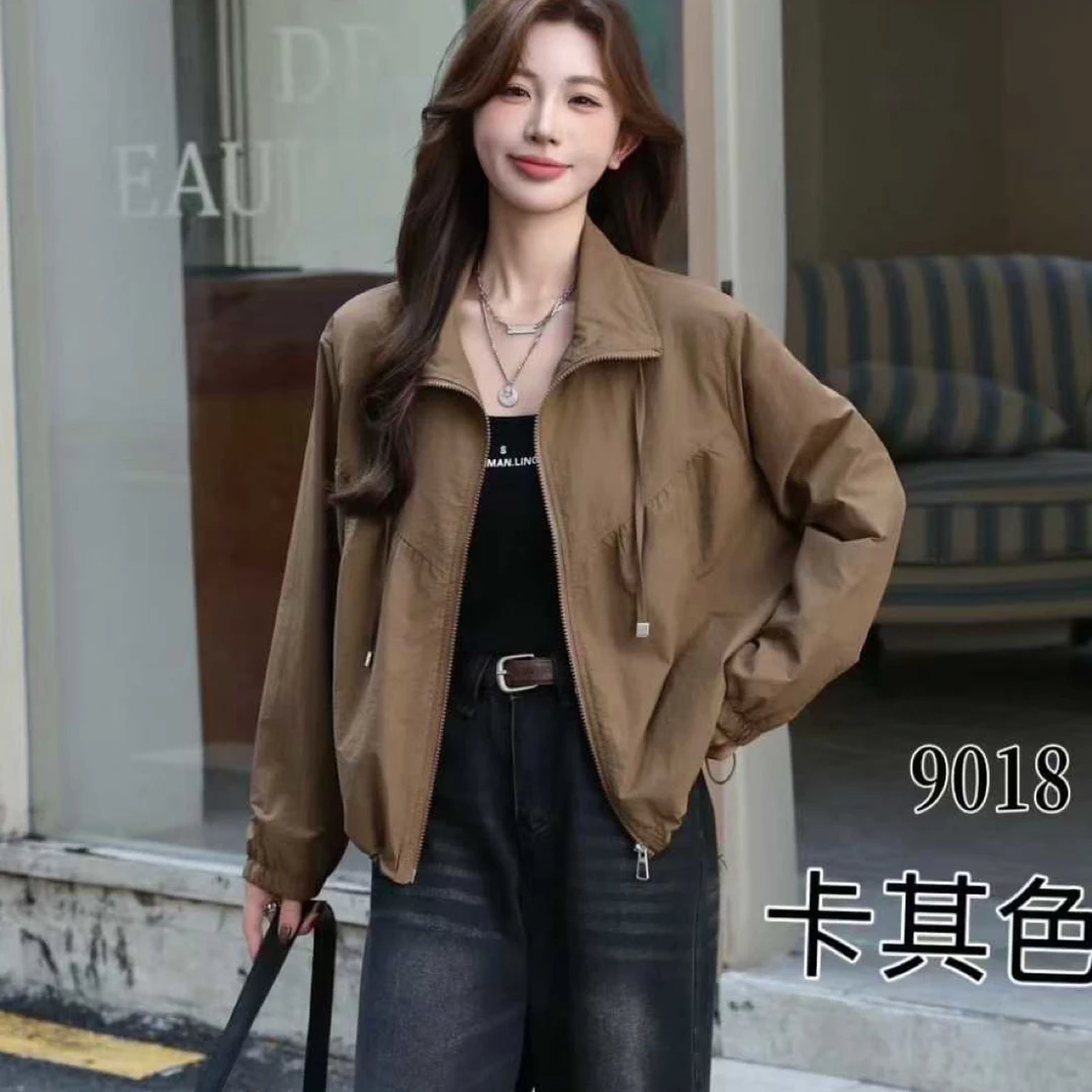 9018韩版品质款秋季新款翻领纯色薄款长袖女短外套