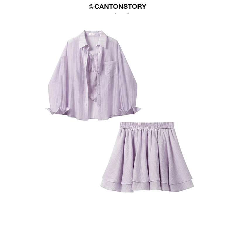 羊城故事 紫色休闲吊带背心衬衫套装夏季显瘦三件套 Y50550312