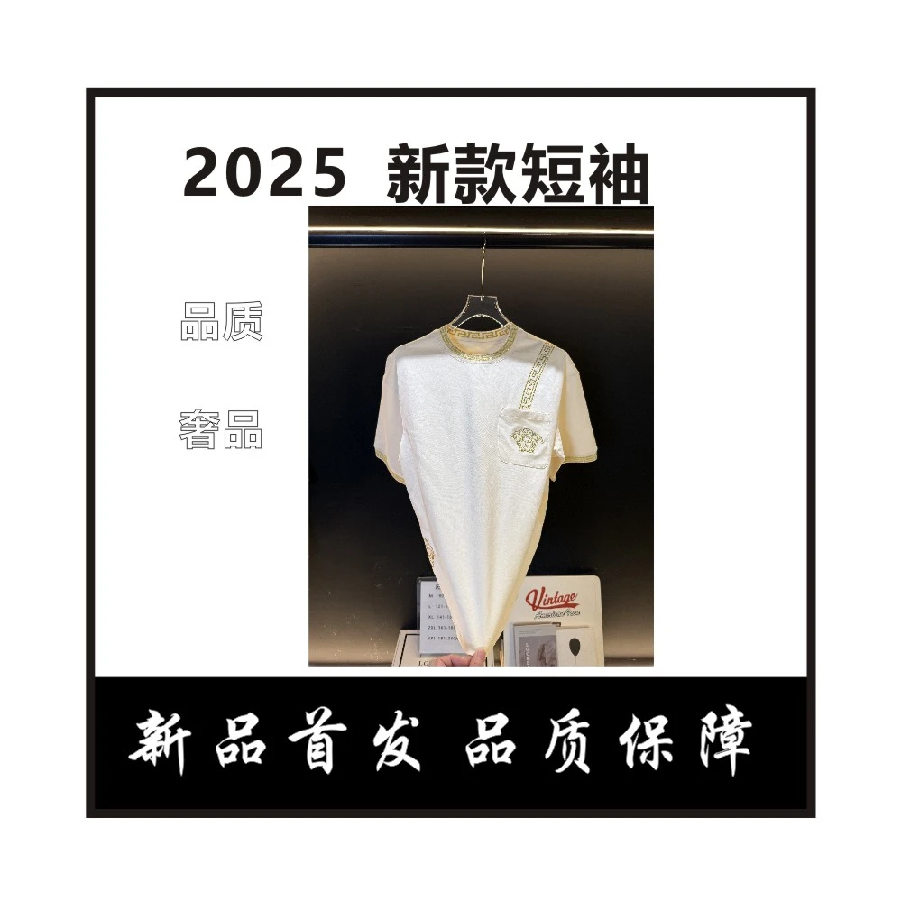 【7】美人头t恤衫口袋刺绣2025新款圆领针织领短袖半袖男