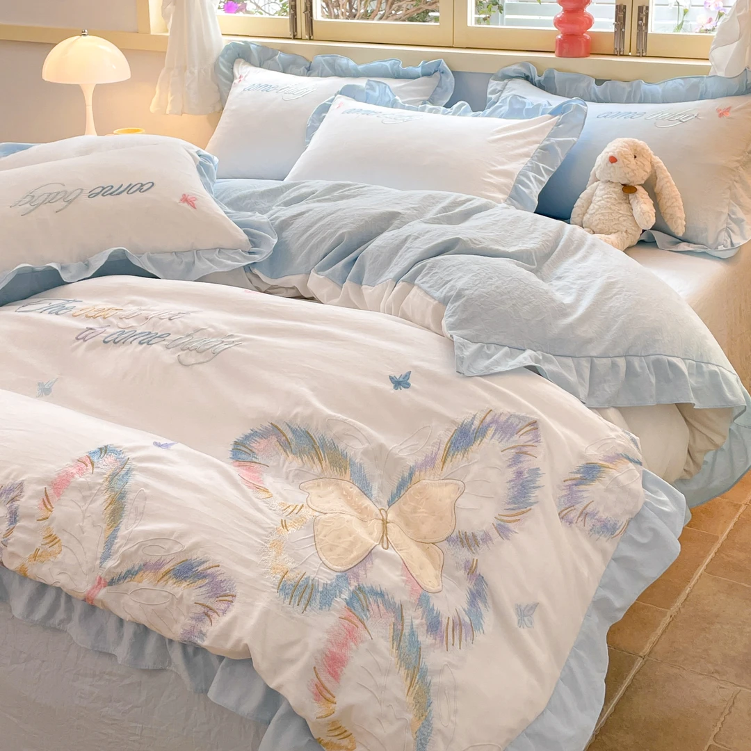 韩版蝴蝶刺绣水洗棉四件套加厚四季款被套床单纯色公主风床上用品
