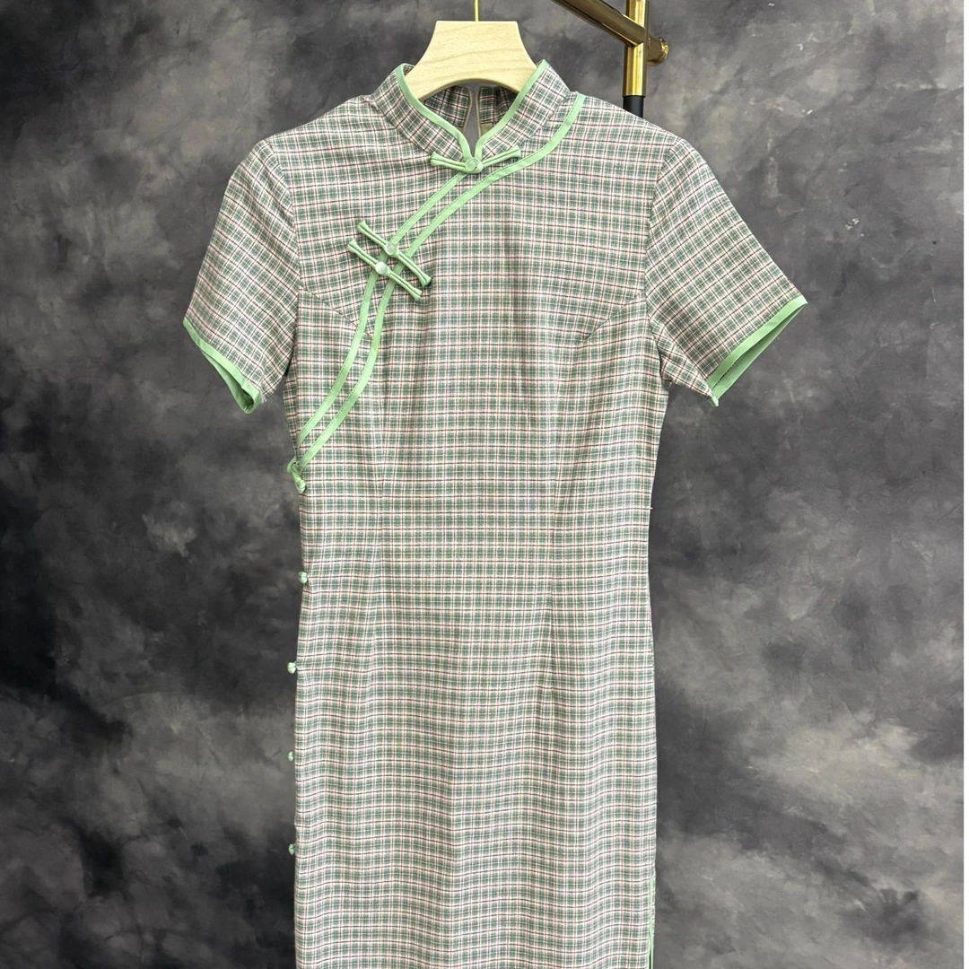 （小格子旗袍）风常规款高腰裙格子旗袍日常修身气质低领