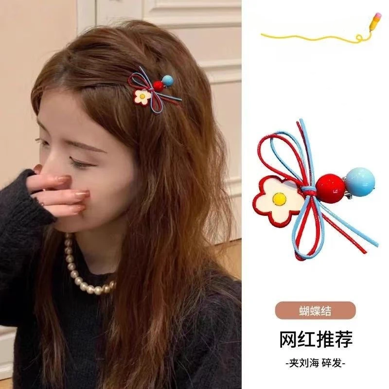 甜美红蓝花朵侧边发夹女蝴蝶结边夹前额刘海夹一字发卡鸭嘴夹发饰