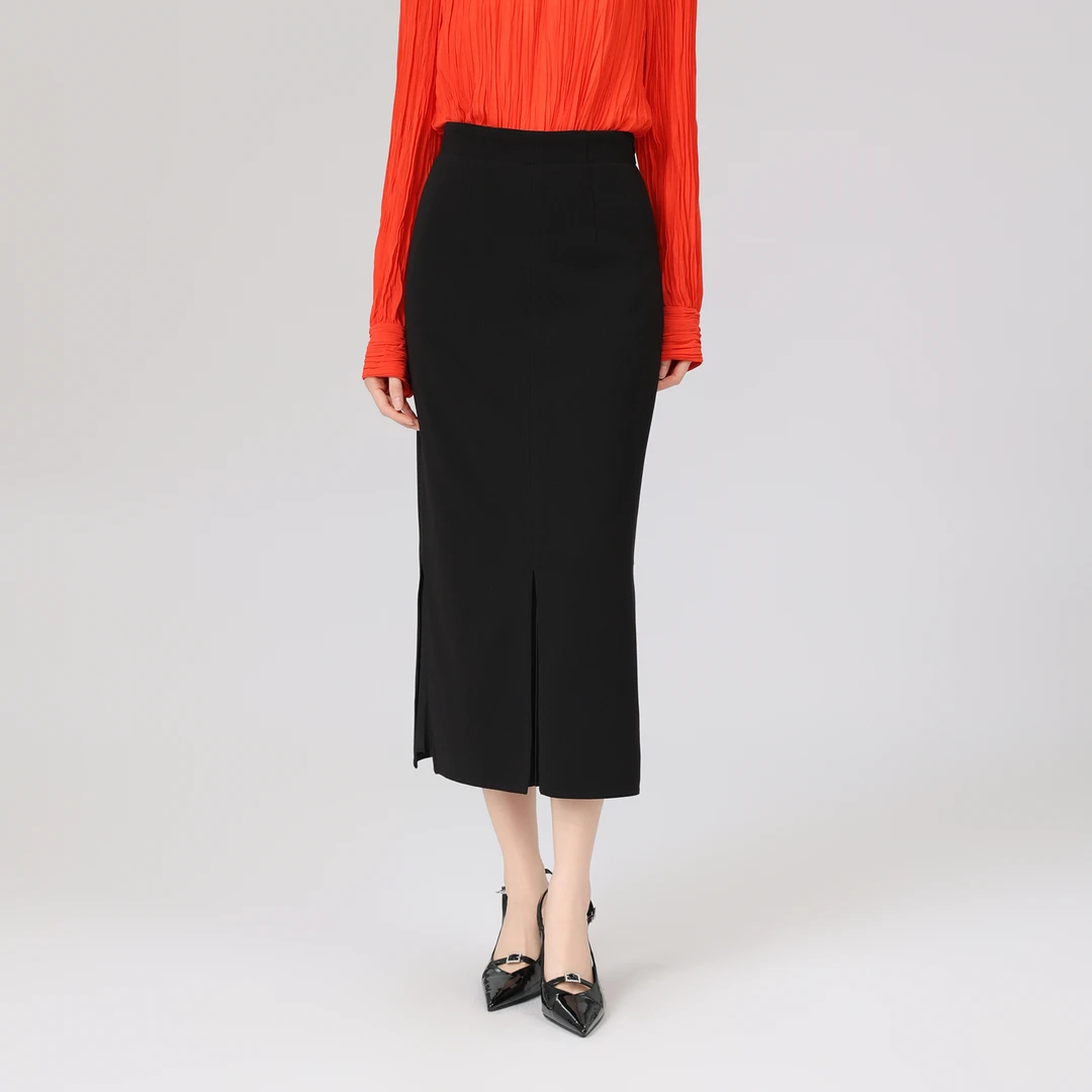 GIRDEAR/哥弟气质黑色中长款包臀裙开叉百褶鱼尾半身裙1200232