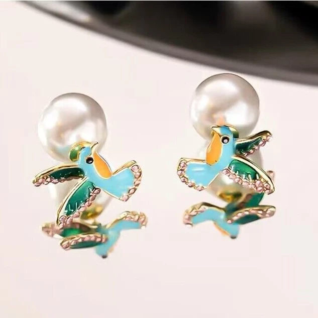 铜合金仿珍珠耳饰 ES-360简约百搭可爱蓝色小鸟珠珠耳钉耳饰