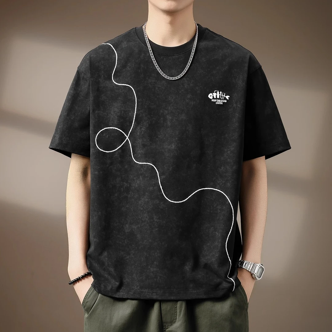 U&PURA高端300g重磅扎染绣花T恤男夏季潮牌宽松短袖圆领休闲t恤