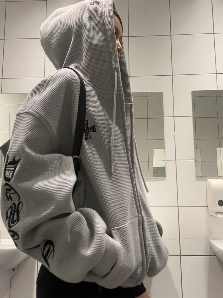 美式复古哥特风字母刺绣连帽卫衣女春秋休闲百搭辣妹开衫长款外套