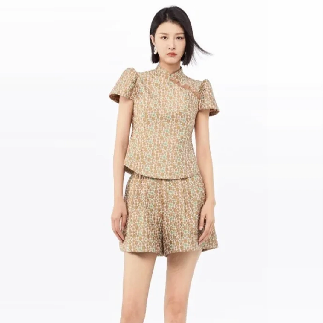 高端【蒂Y】高腰显瘦肌理感提花裤腿短裤品牌撤柜夏季女装D329137