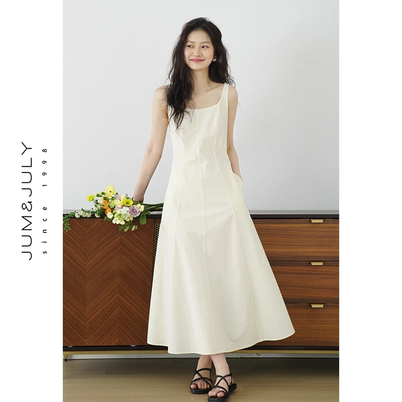 嘉茱莉无袖吊带连衣裙女2025夏新款法式气质收腰吊带裙长裙Q1120