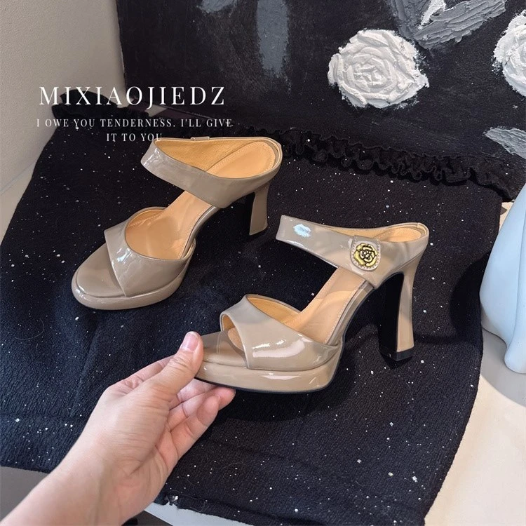 2025新款防水台凉鞋情侣粗跟高跟一字扣带露趾超高跟时尚外穿拖鞋