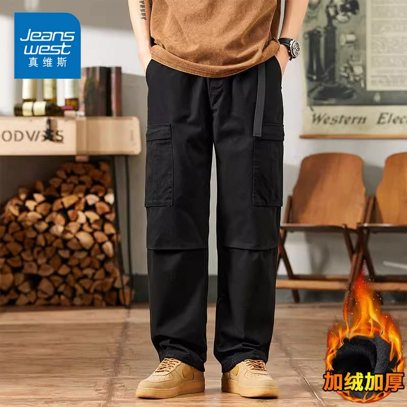 Jeanswest/真维斯秋冬美式潮牌加绒休闲裤男士宽松百搭工装直筒裤