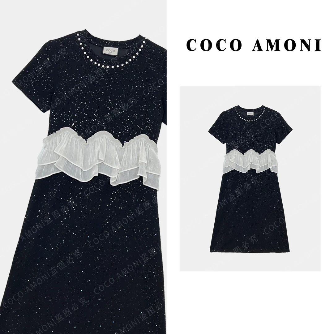 【曼姐】法式设计感拼接镶钻带细闪收腰显瘦连衣裙AB558