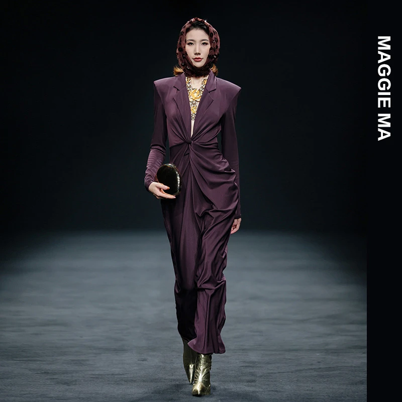 MAGGIE MA马婧设计师款轻奢名媛风气质纽结设计优雅连衣裙女143D