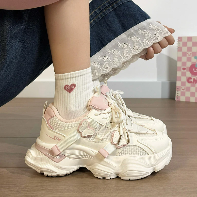 人本樱花粉运动鞋女夏季透气鞋子女款爆款2026新款厚底增高老爹鞋