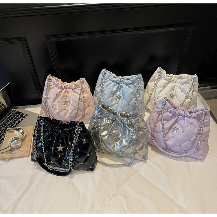 新款2025亮钻褶皱大包包女腋下托特链条斜挎单肩包