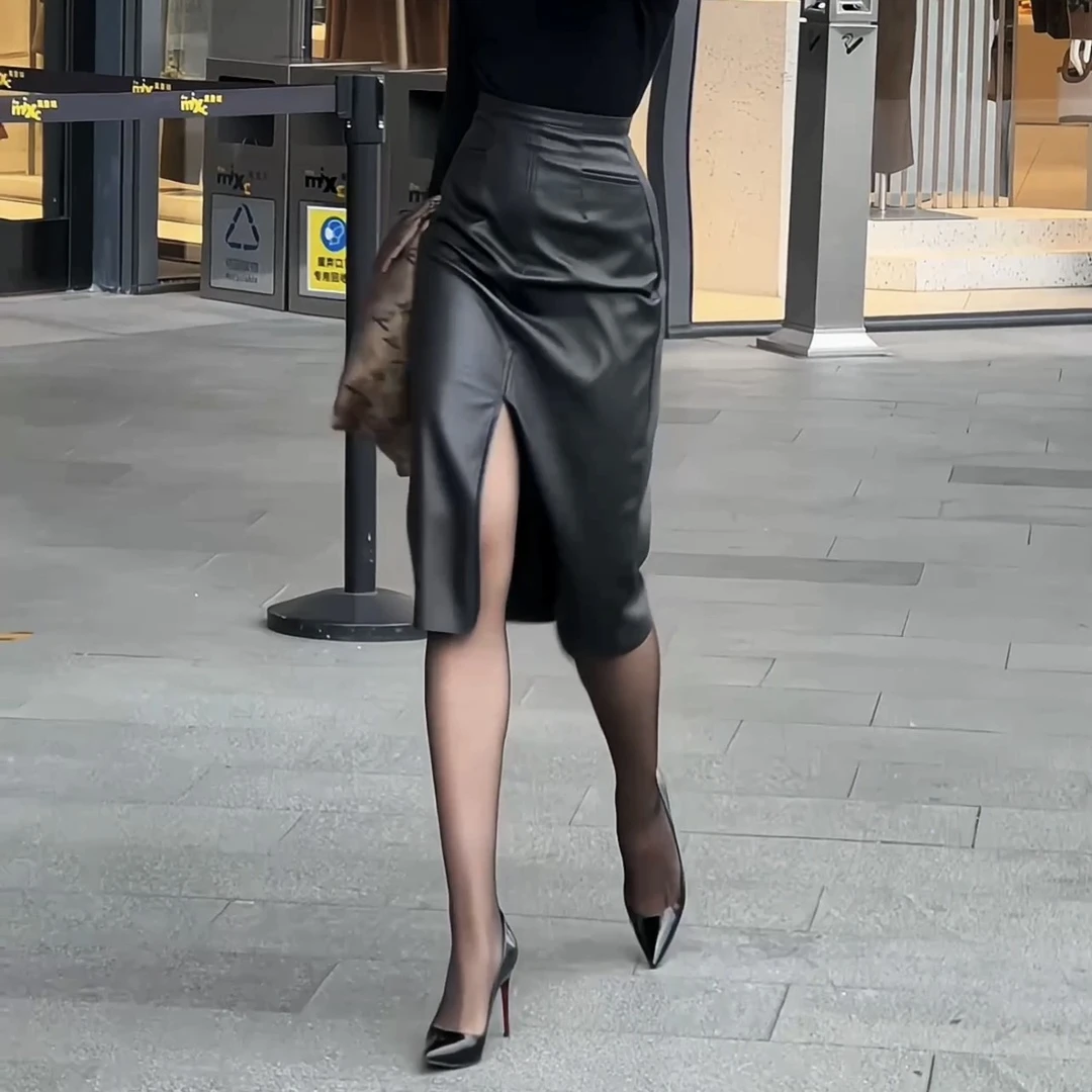 JIA SHI 前开叉高腰皮裙一步裙OL通勤修身显瘦气质设计感-QB012