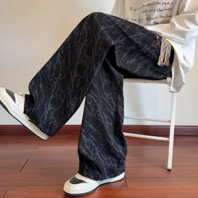 秋季扎染高街裤子男学院风百搭字母刺绣直筒宽松裤子阔腿加绒加厚