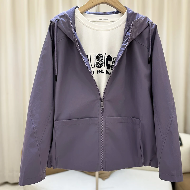 zaw大码女装加宽加大连帽外套女胖mm春秋显瘦百搭冲锋衣夹克25357