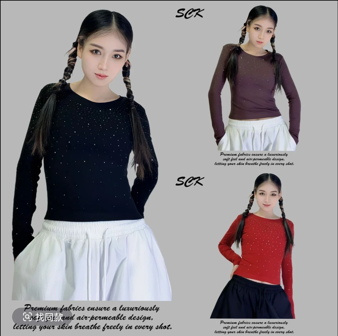 SCK6008款 秋冬款女圆领长袖常规款烫钻T恤网红女士
