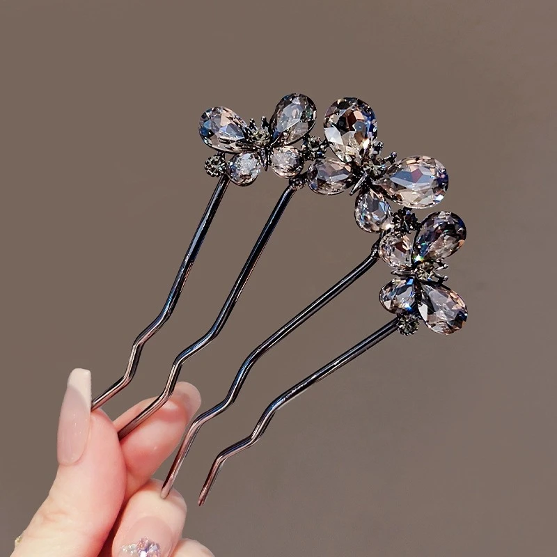 法式气质水钻蝴蝶波浪四齿发梳优雅百搭盘发神器簪子新古风发饰